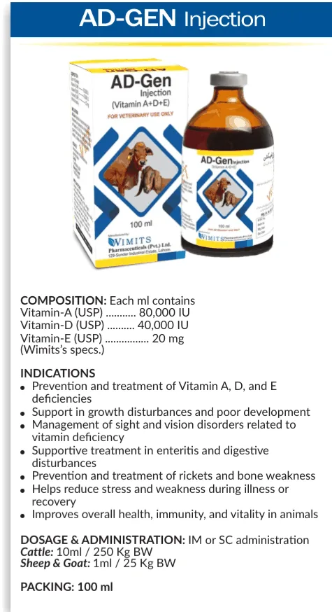 AD-GEN Injection-Each ml contains: Vitamin-A(USP)....80,000 IU     Vitamin-D(USP)....40,000 IU    Vitamin-E(USP)....20mg   (Wimits Specs) – Wimits Pharmaceuticals