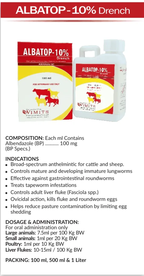 ALBATOP-10% Drench-Each ml contains: Albendazole (BP)....100mg   (BP Specs)  – Wimits Pharmaceuticals