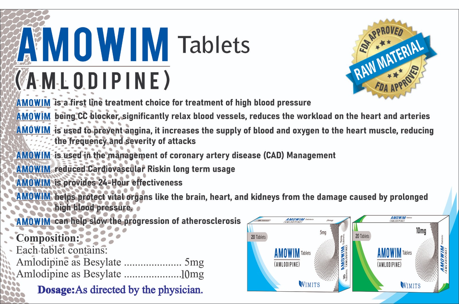 Amowim 10mg Tablet (Amlodipine As Besylate) box pack – WIMITS Pharmaceuticals