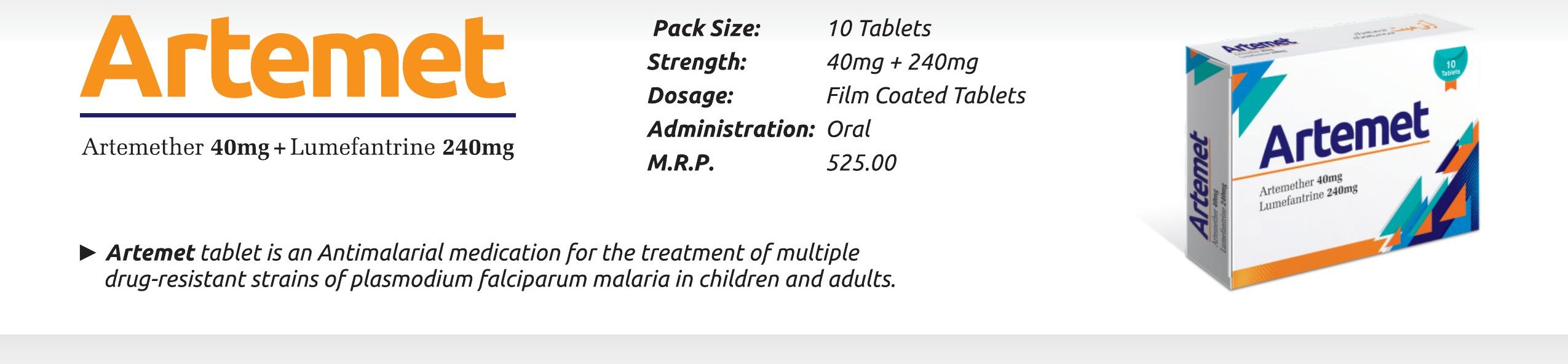 Artemet Tablet (Artemether 40mg + Lumefantrine 240mg) detail image – Wimits Pharmaceuticals