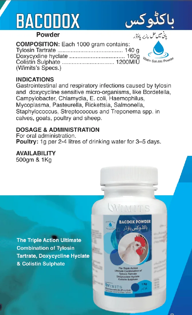 BACODOX Powder-Each 1000gram contains: Tylosin Tartrate....140g   Doxycyxline Hyclate....160g   Colistin Sulphate....1200MIU   (Wimits Specs) – Wimits Pharmaceuticals