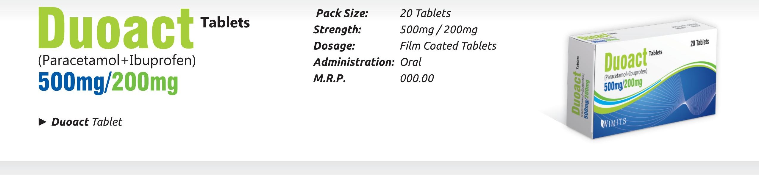 Duoact Tablet (Paracetamol 500mg + Ibuprofen 200mg) detail image – Wimits Pharmaceuticals