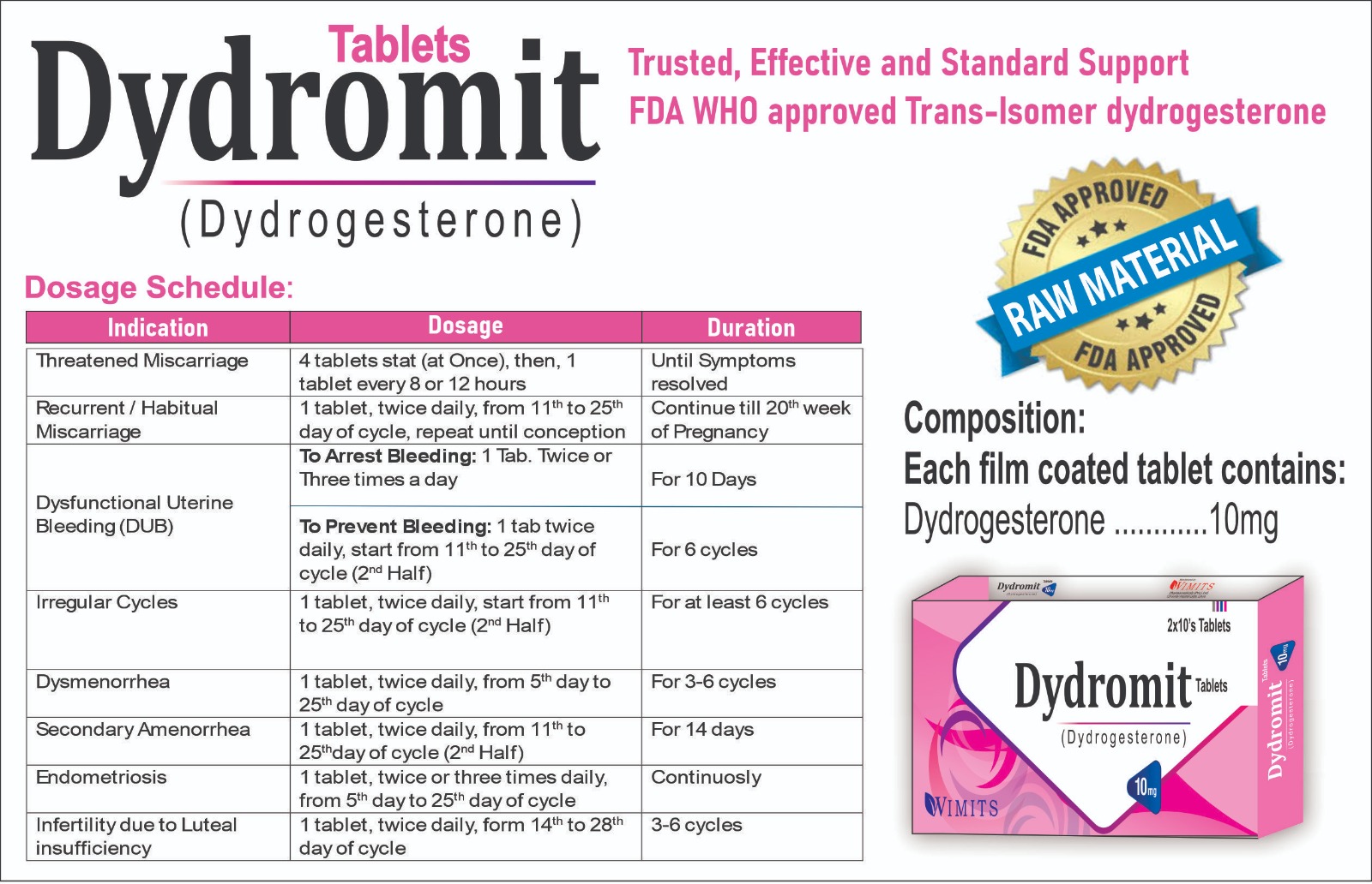 Dydromit 10mg Tablet (Dydrogesterone) box pack – WIMITS Pharmaceuticals