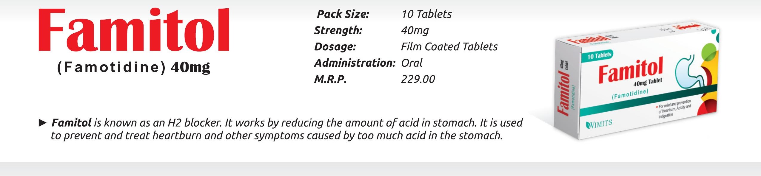 Famitol 40mg Tablet (Famotidine.......................40 mg) detail image – Wimits Pharmaceuticals