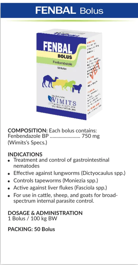 FENBAL Bolus-Each bolus contains: Fenbendazole BP....750mg   (Wimits Specs) – Wimits Pharmaceuticals
