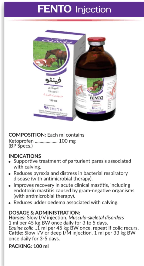FENTO Injection-Each ml contains: Ketoprofen....100mg   (BP Specs) – Wimits Pharmaceuticals