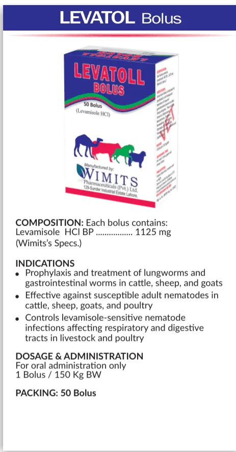 LEVATOLL Bolus-Each bolus contains: Levamisole HCL BP....1125mg   (Wimits Specs) – Wimits Pharmaceuticals