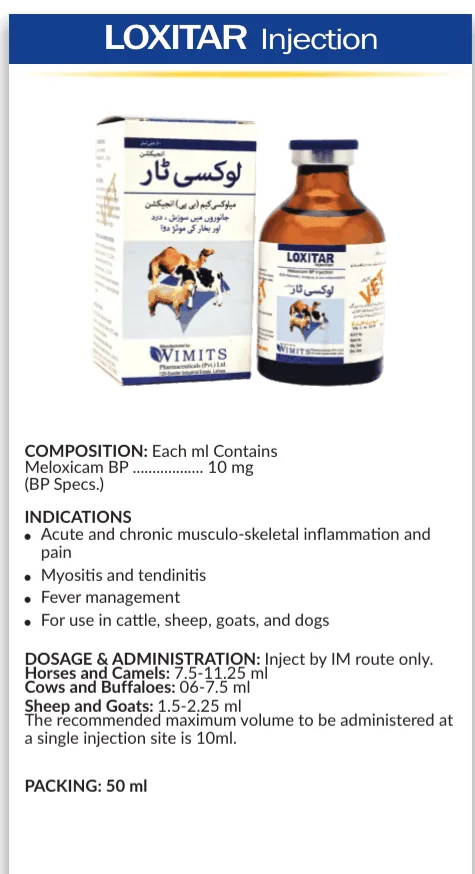 LOXITAR Injection-Each ml contains: Meloxicam BP....10mg   (BP Specs)– Wimits Pharmaceuticals