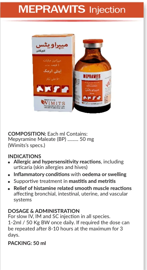 MEPRAWITS Injection-Each ml contains: Mepyramine Maleate (BP)....50mg   (Wimits Specs) – Wimits Pharmaceuticals