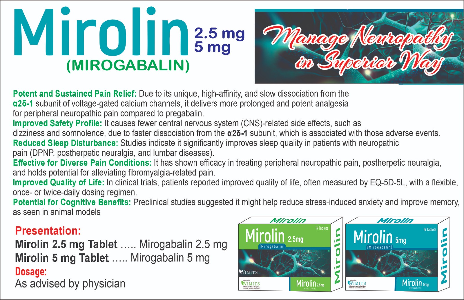 Mirolin 2.5mg (Mirogabalin) box pack – WIMITS Pharmaceuticals