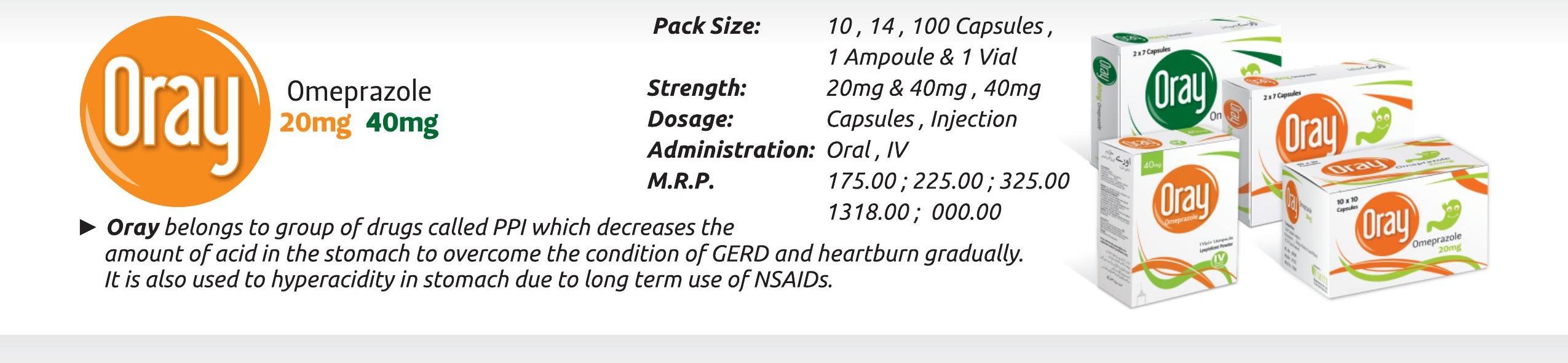 Oray (Omeprazole) (Omeprazole 20mg / 40mg Capsule / 40mg IV Injection) detail image – Wimits Pharmaceuticals
