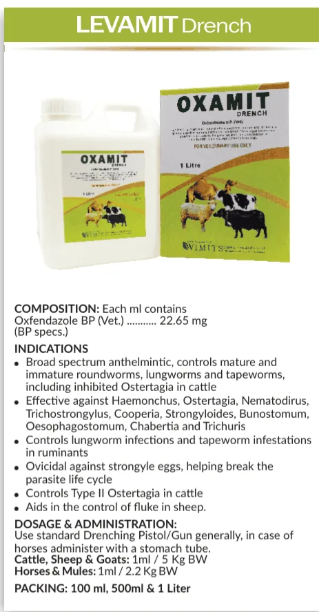 OXAMIT Drench-Each ml contains: Oxafendazole BP (Vet.)....22.65mg   (BS Specs) – Wimits Pharmaceuticals