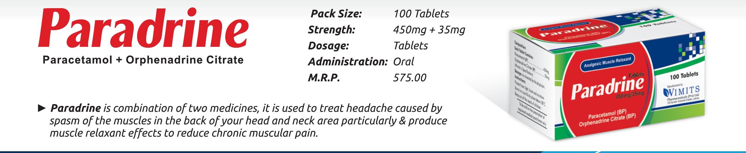 Paradrine Tablet (Paracetamol + Orphenadrine Citrate ) detail image – Wimits Pharmaceuticals