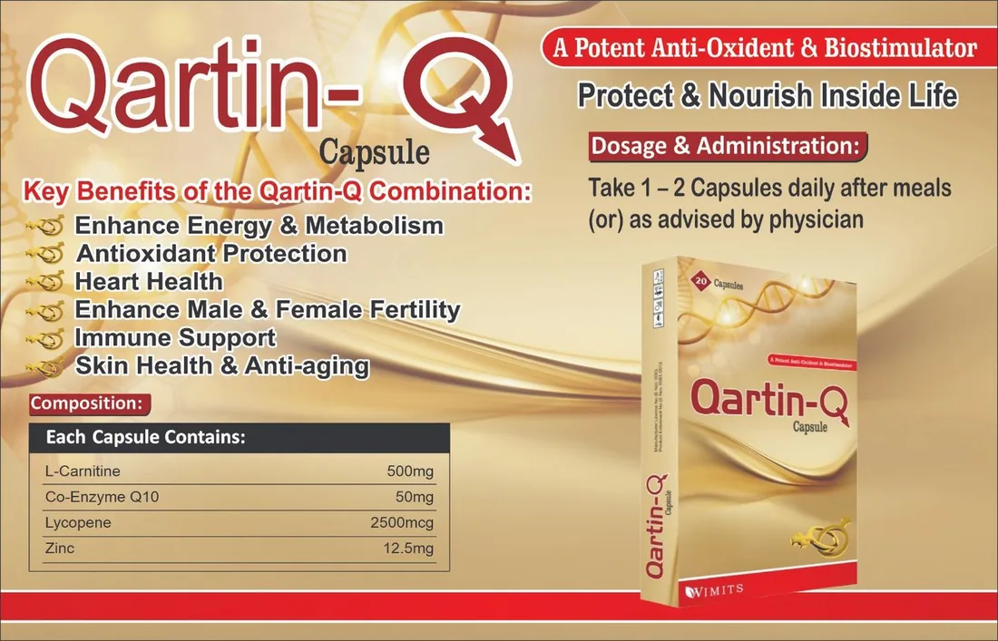 Qartin-Q Capsule (L-Carnitine, Co-Enzyme Q10, Lycopene, Zinc) box pack – WIMITS Pharmaceuticals