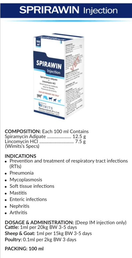 SPRIRAWIN Injection-(for 100 ml)-Spiramycin Adipate....12.5g   Lincomycin HCL....7.5g   (wimits Specs) – Wimits Pharmaceuticals