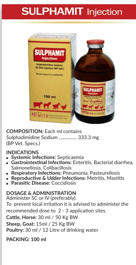 SULPHAMIT Injection-(for 1 ml)-Sulphadimidine Sodium....333.3mg   (BP Vet. Specs) – Wimits Pharmaceuticals