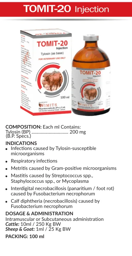 TOMIT-20 Injection-(for 1 ml)-Tylosin(BP)....200mg  (BP Specs)– Wimits Pharmaceuticals