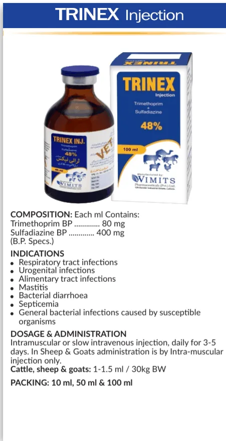 TRINEX Injection-(for 1 ml)-Trimethoprim BP....80mg   Sulphadiazine BP....400mg   (B.P.Specs) – Wimits Pharmaceuticals