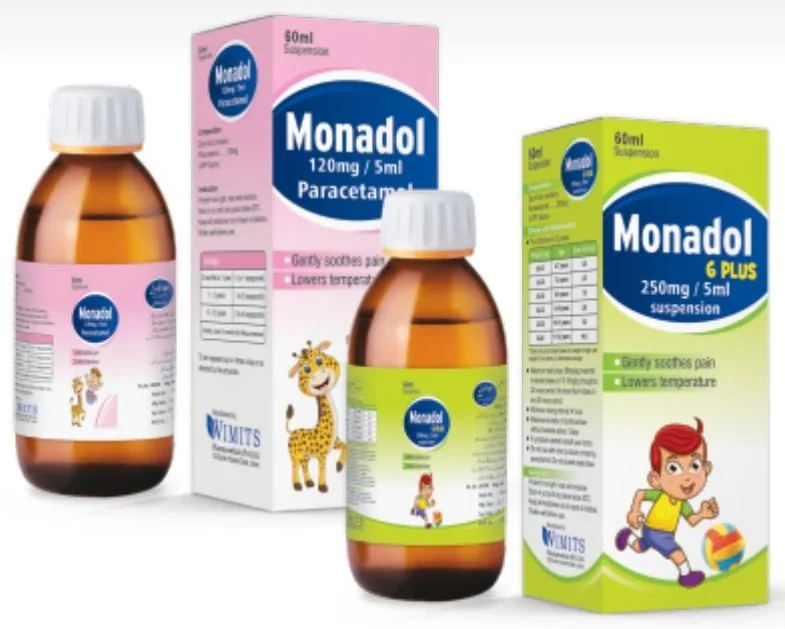 Monadol Suspension (Paracetamol 120mg/5ml & 250mg/5ml (6 Plus)) – Wimits Pharmaceuticals